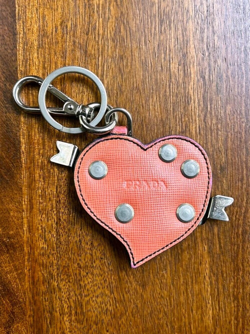 PRADA Heart Bag Charm, Coral Pink and Silver